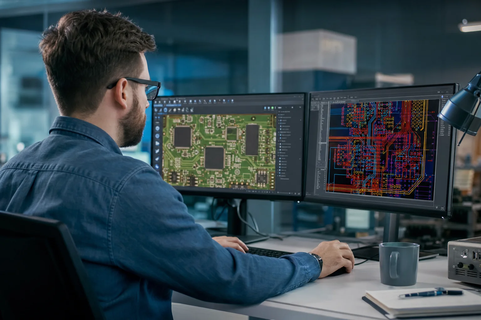 Engineer working on electronic systems design at a workstation