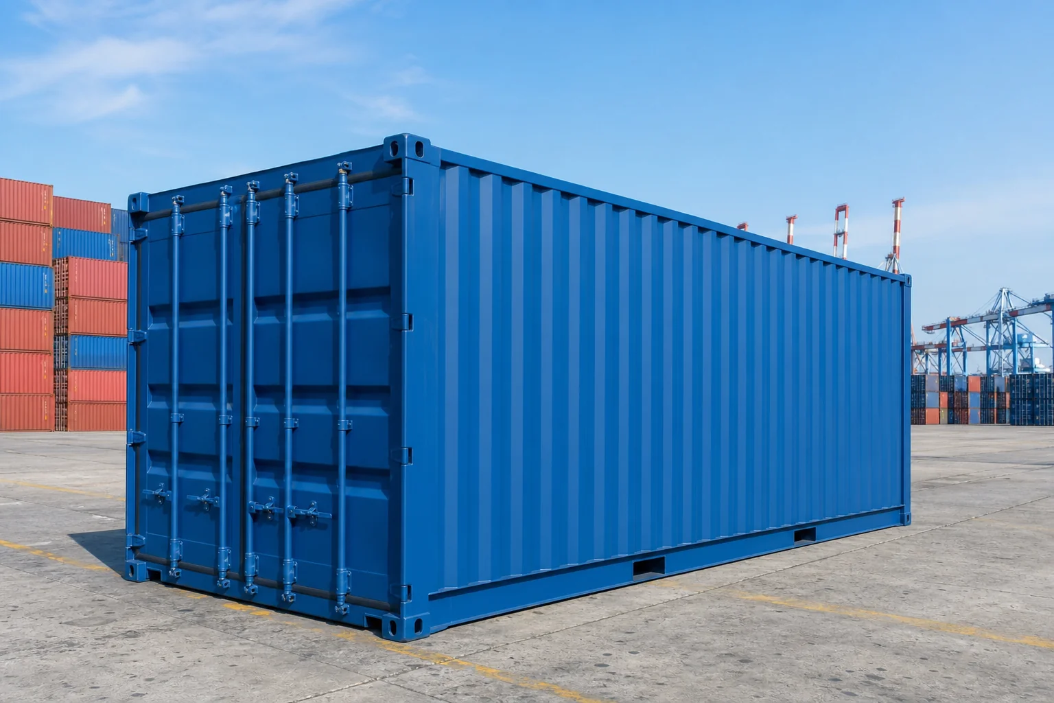Blue shipping container at a logistics yard